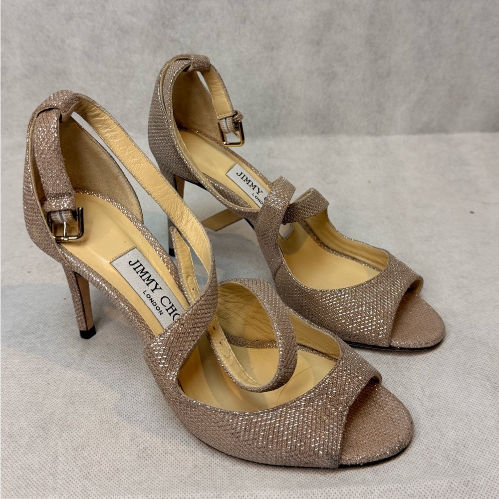Jimmy Choo Nude Glitter Ankle Strap Sandal SZ 35 Excellent Mid Heel